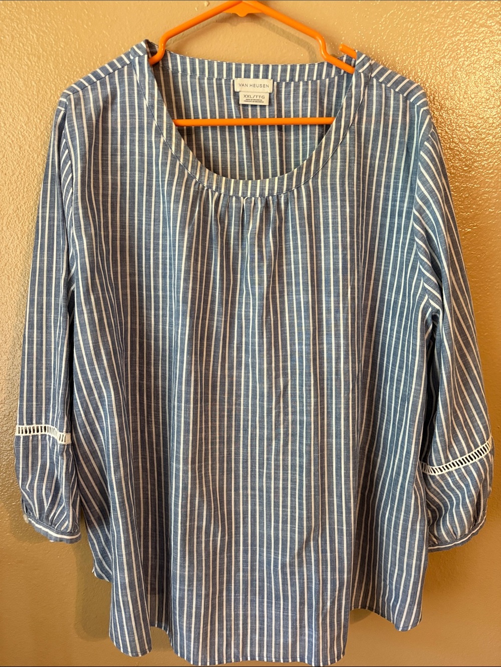 Van Heusen Blue and White Vertical-Stripe Scoop Neck Blouse